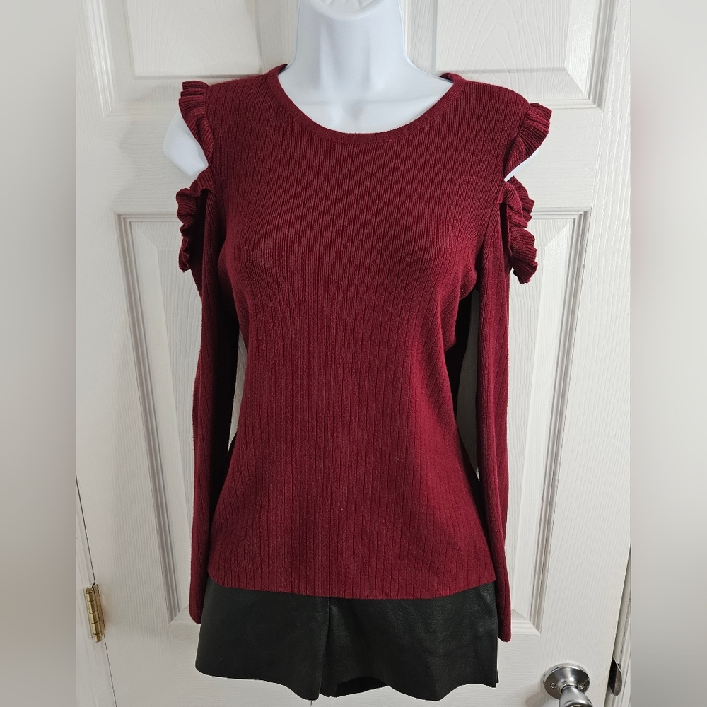 WHBM nwot ruffle cold shoulder sweater size L